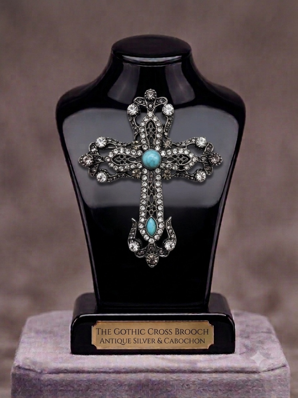 Antique Silver Gothic Cross Brooch with Turquoise Cabochon